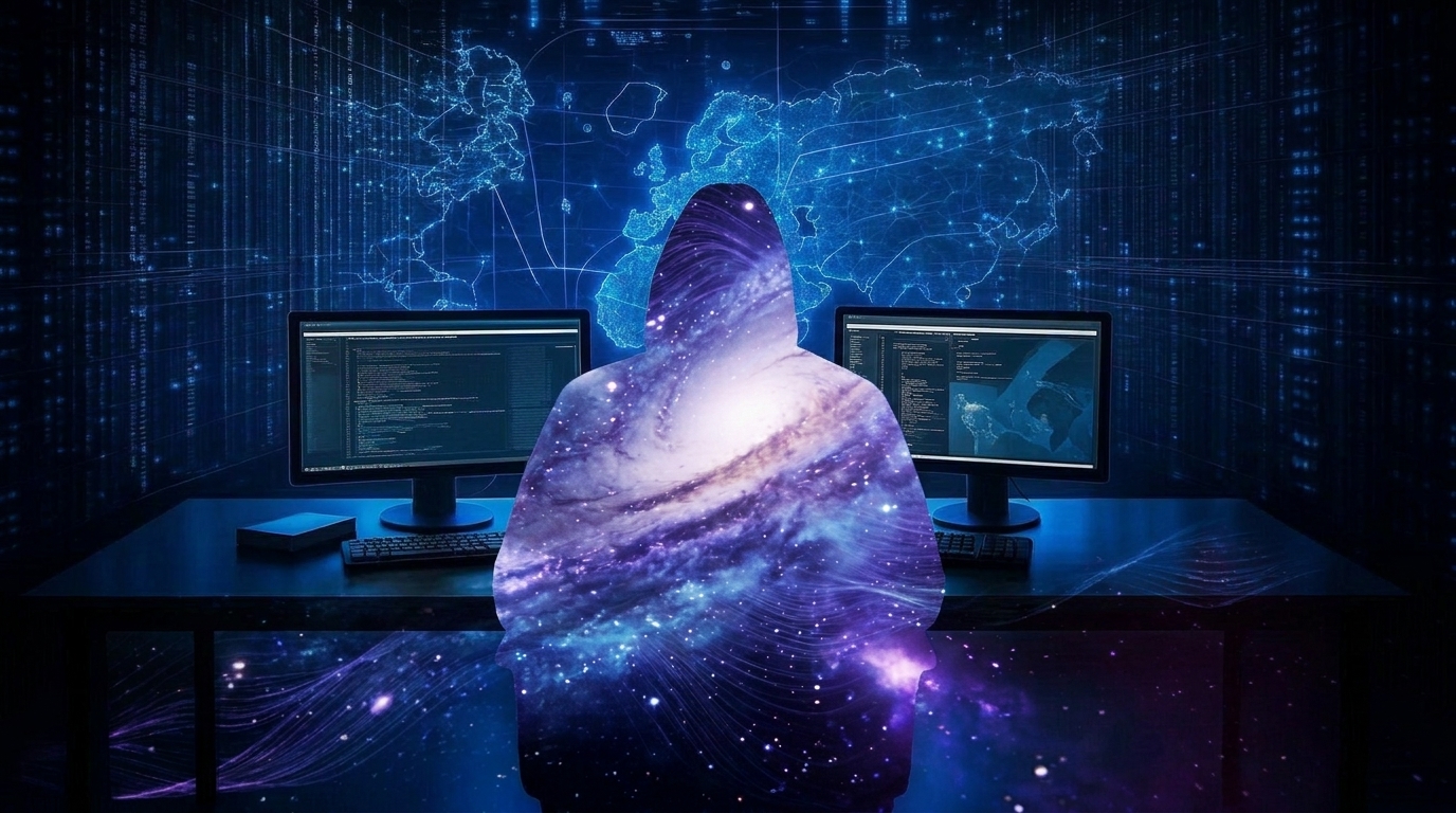 KI als Verstärker - Mensch verschmolzen mit Galaxie und Code